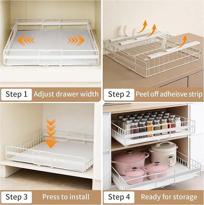 2 Pack Expandable Pull out Cabinet Organizer, Width (13"-21") Pull Out Drawers for Cabinets, Full Extension Upgrade 3 Slide Rails Slide Out Drawers, No Drill Adjustable Roll Out Shelves (White)