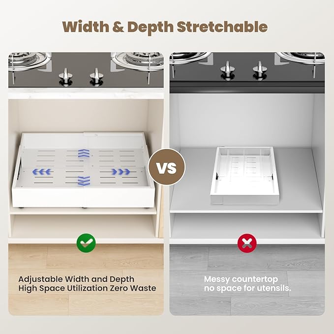 Dayacoco 2Pcs Dayacoco Pull Out Cabinet Organizer, Expandable Width (11.4"-19.4") and Depth (16.7"-21.4") With 3 Rails, Slide out Drawers for Kitchen Base Cabinet Organization, No Drill, White