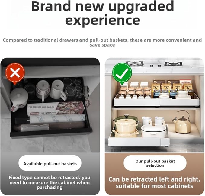 2PCS Expandable Pull Out Cabinet Organizer pots and pans organizer under cabinet Upgrade 3 Slide Rails Slide Out Drawers Roll Out Shelves Adhesive (white, (2pcs) 20.5“D*12.6"~19.7" W*2.76H)