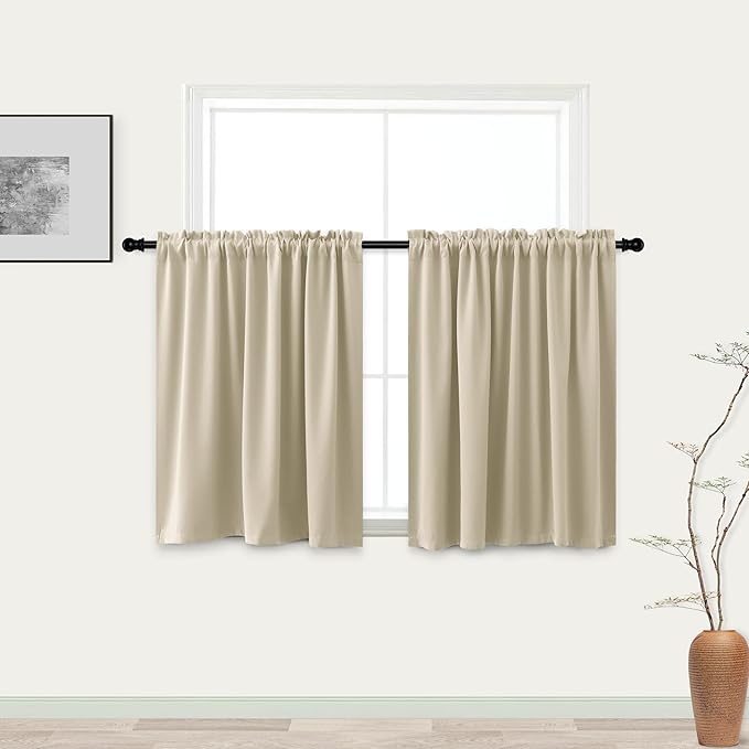 KOUFALL Small Window Curtains for Bathroom, Thermal Winter Insulated Short Curtain for Bedroom Kitchen, Wide 34 x Length 24 Inch,Beige