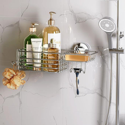 LEVERLOC Shower Caddy Suction Cup, Organizer with Hooks & Soap Holder for Inside Shower, Removable Bathroom Shelf-Silver