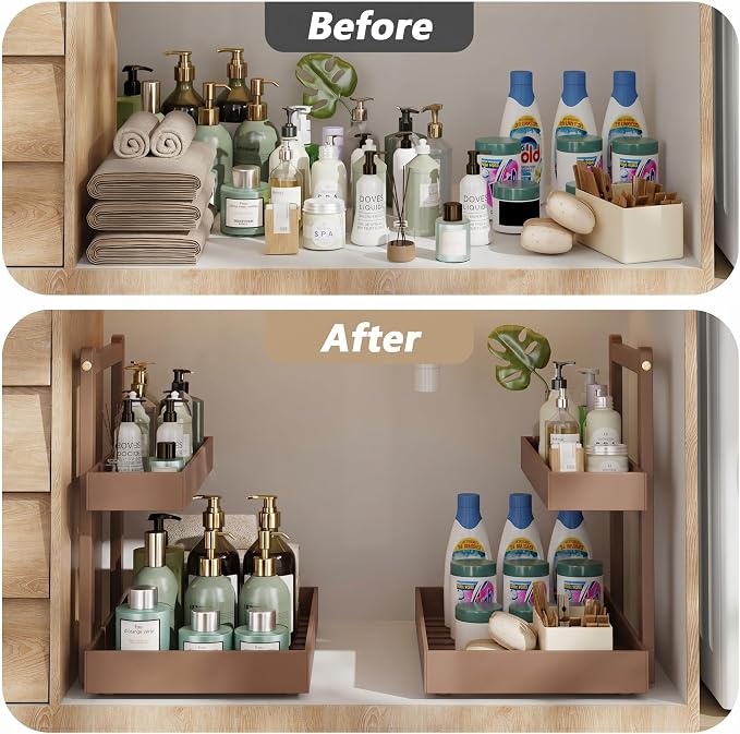 Bamboo Under Sink Storage 2 Tier Pull Out Cabinet Organizer Slide Out Under Sink Storage Shelf Undersink Organizers Shelves for Kitchen Bathroom Organization (Brown, 2 Packs)