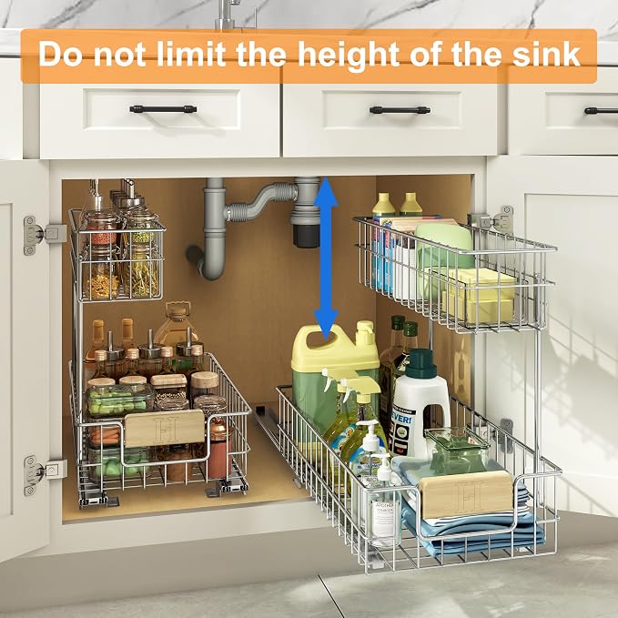 RITSU Pull Out Cabinet Organizer, Under Sink Slide Out Storage Shelf with 2 Tier Sliding Wire Drawer, Sliding Storage for Inside Kitchen Cabinet- 11.5 in. W x 21.5 in. D (Left)