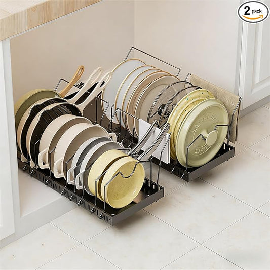 DTUQYX 2 Pack Pots and Pans Organizer - Expandable Pull Out Pot and Pan Organizer with 20 Adjustable Dividers for Kitchen,Smooth Sliding Inside Cabinet for Pot Lid,Cookware,Tableware