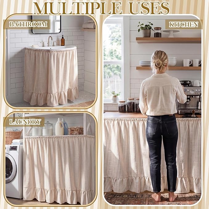 VitalCozy Cabinet Curtain 28" W x 51" L Sink Skirt for Bathroom Kitchen Brown Stripes Ruffles Short Curtain for Home Classroom Farmhouse Rustic Drape Under Desk Privacy Drape for Laundry Room