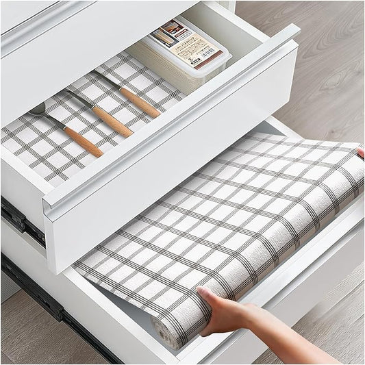 Drawer and Shelf Liner, Non-Slip Kitchen Cabinet Liners Non-Adhesive Thick Strong Grip Waterproof Washable Mats Protect Dresser Shelves Cupboard Bathroom Cabinets, White Stripes, 12 in X 10 FT