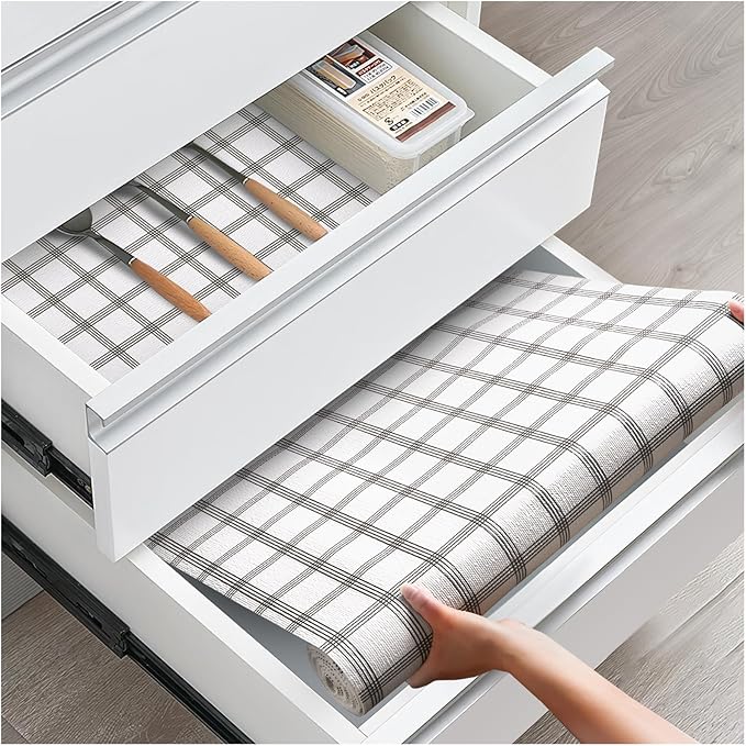 Drawer and Shelf Liner, Non-Slip Kitchen Cabinet Liners Non-Adhesive Thick Strong Grip Waterproof Washable Mats Protect Dresser Shelves Cupboard Bathroom Cabinets, White Stripes, 24IN X 20FT