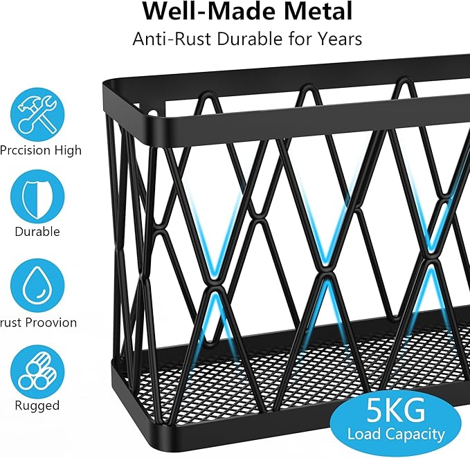 YIGII 3 Pack Adhesive Cabinet Organizer - Wall Mounted Pantry Door Organizer Bin Holder for Tupperware Lid Kitchen Wall Under Sink Basket Slim Space Black Stainless Steel