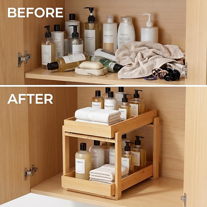 Bamboo Under Sink Storage 2 Tier Pull Out Cabinet Organizer Slide Out Under Sink Storage Shelf Undersink Organizers Shelves for Kitchen Bathroom Organization (Nature, 2 Pack)