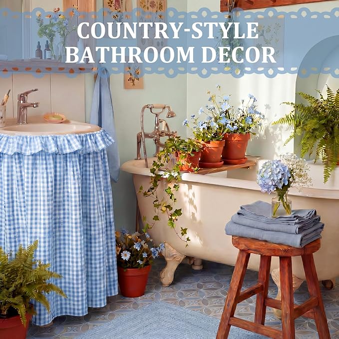 Blue Ruffle Gingham Sink Skirt Self-Adhesive Bathroom Stitch Self Stick Adhesive Fabric Under Sink Curtain Skirt 55'' x 32'' for Bathroom Kitchen Laundry Utility Room Decor