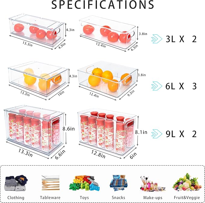 7 pack Stackable Refrigerator Organizer Bins Pull-Out Drawers for Fruit and Veggies Storage Organizer for Fridge Clear Drawer Containers with Handle Divided Organization for Produce Saver