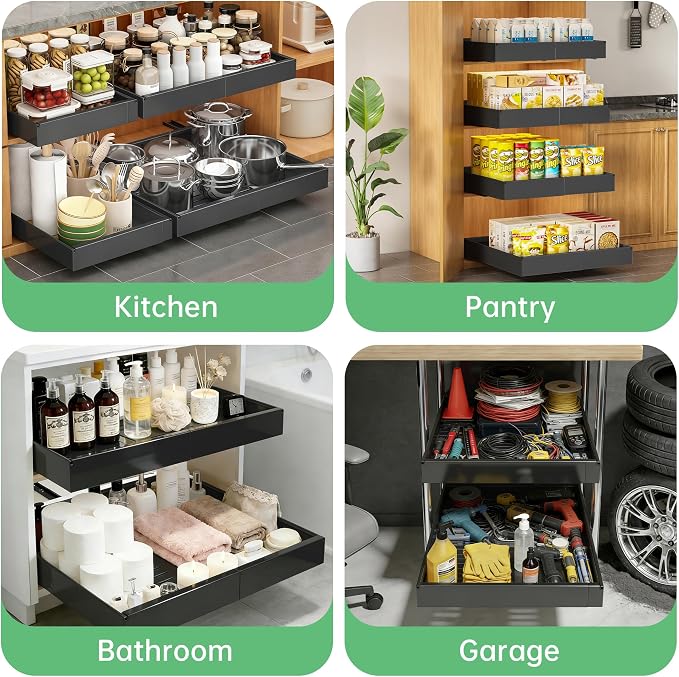 Pull out Cabinet Organizer, 1 pack, 16.5" Deep Heavy Slide out Drawers, Upgrade Three Triple-Slide Rail Systems, Expandable 12.8"-20.8" Roll out Shelf Storage for Kitchen Base Cabinet Organization