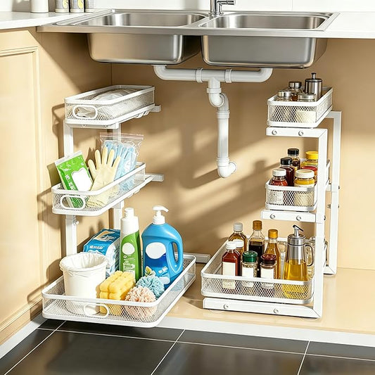 Under Sink Organizer, White, 3-Tier, 2 Pack | Height Adjustable, Thickened Metal, Pull Out Cabinet Organizer Shelf, Space-Saving Slide Out Storage Drawer Rack