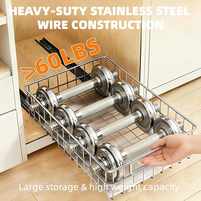 Pull Out Cabinet Organizer, 1 Pack Stainless Steel Pull Out Drawers for Cabinets with Silent Full-Extension Slides, Heavy Duty Kitchen Cabinet Organizer for Home Kitchen Pantry