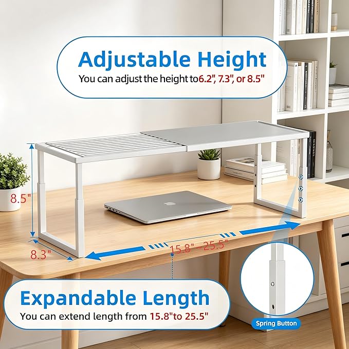 Shelf Organizer Stackable 2 Pack: Expandable (15.8"-25.5") Spice Rack Height Adjustable(6.2"/7.3"/8.5") Kitchen Organizer Countertop Metal Shelves for Pantry Storage White