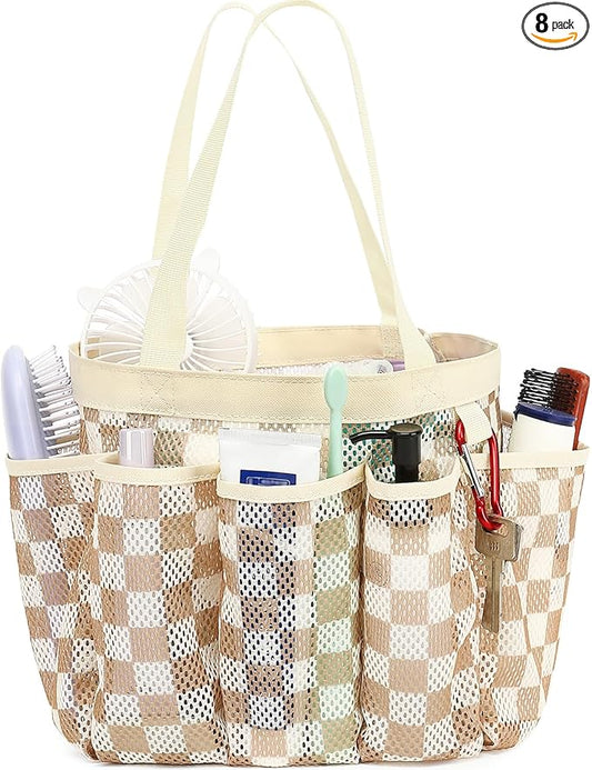 Fammart Mesh Shower Caddy Portable for College Dorm Room Essentials, Odorless Polyester Large Shower Tote Bag with Dual Handles, 8-Pocket Quick-Dry Toiletry Organizer for Travel, Beach, Camping, Gym