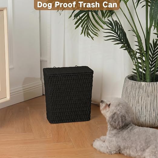 iEGrow Paper Rope Trash Can,Bathroom Trash Can with Lid, 3 Gallon Wicker Waste Basket with Removable Liner, for Bedroom, Living Room, Toilet, Under Sink Black
