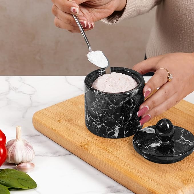 Marble Salt Cellar with Lid – Black 4 Inch Table Salt Container, Salt Jar, Salt Dish, Salt Holder, Spice Jar, Sugar Bowl, Seasoning Container, Salt Dispenser for Kitchen Countertop