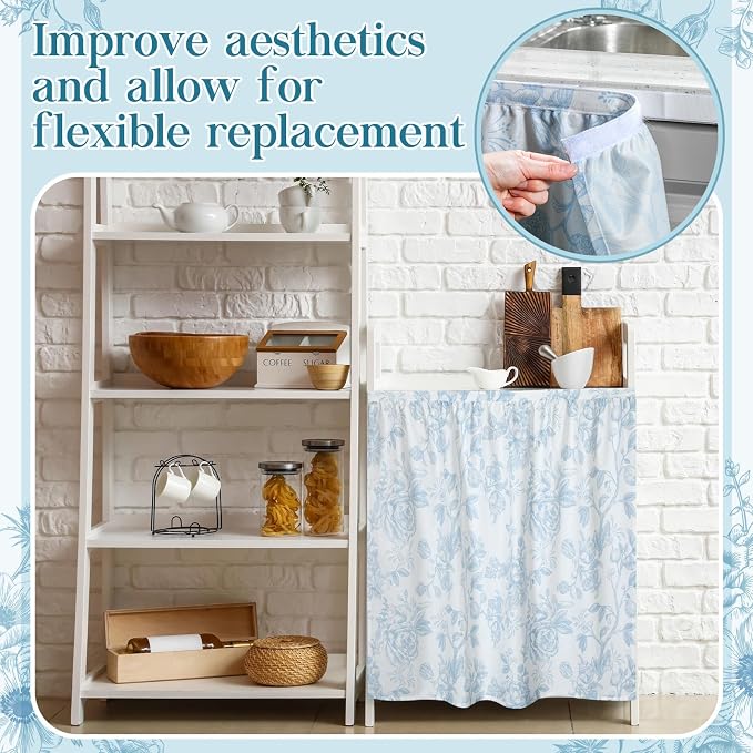VitalCozy Cabinet Curtains 35" W x 35" L Sink Skirt for Bathroom Kitchen Blue Flower Floral Cabinet Curtains for Classroom Home Farmhouse Rustic Drape Under Desk Privacy Drape for Laundry Room