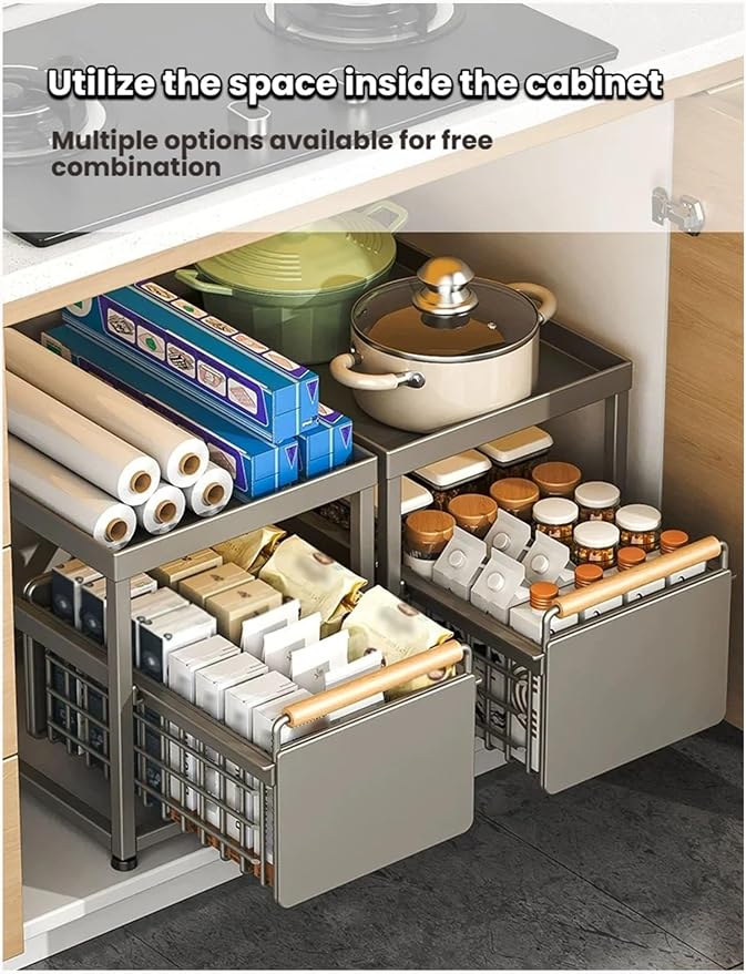 Pull Out Shelf Kitchen Storage Drawer- Slide Out Drawers for Kitchen Cabinets No Drill Shelves(Gray,40x28x39 cm)
