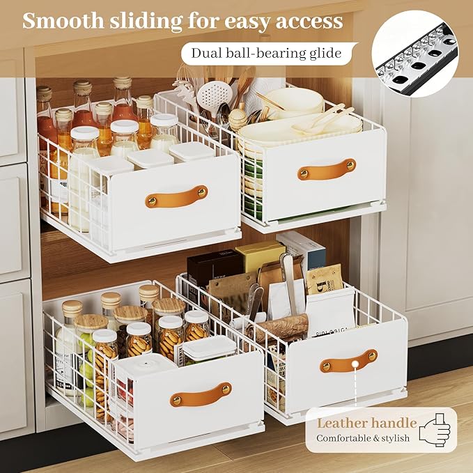 Pull Out Cabinet Organizer, No-Drill Pantry Drawers, Slide Out Shelves with Bamboo Risers for Lipped Cabinets,Ideal for Kitchen, Bathroom & Under Sink Storage (White, 9.8" Wide-15.7" Deep)