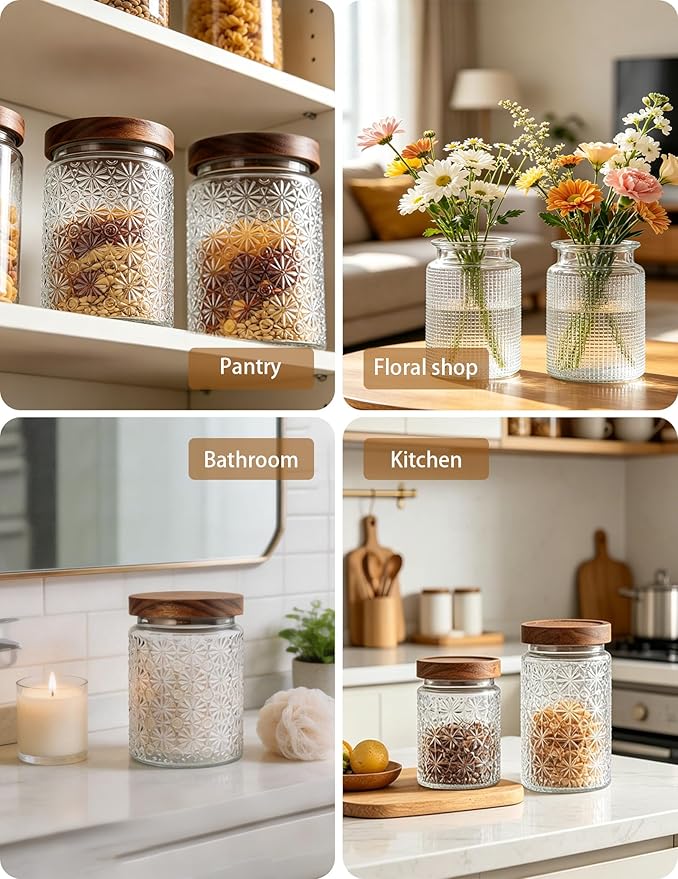 Vintage Glass Jars with Wood Lids - 34 OZ Airtight Storage Container for Kitchen Pantry Bathroom, Decorative Canisters for Coffee Beans, Brown Sugar, Cookie, Candy, Tea Bag, Dog Treat, Flour, Set of 2