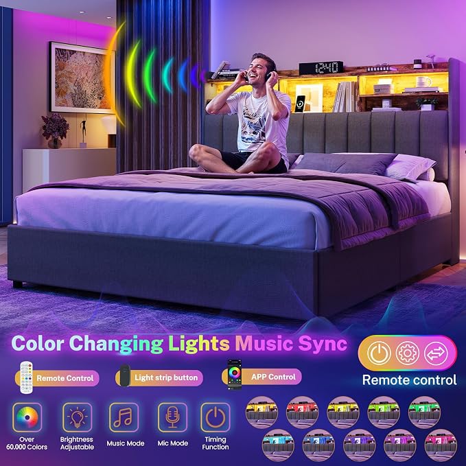 TEENFON Queen Bed Frame with Headboard and 4 Drawers Storage, Bed Frame Queen Size Built in LED Lights and Charging Station, Sturdy & Noise-Free Upholstered Platform Metal Support Bed, Dark Grey
