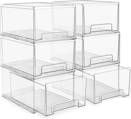Sorbus Plastic Storage Bins Stackable Clear Pantry Organizer Box Bin for Organizing Kitchen Fridge, Food, Snack Pantry, Fruit, Vegetables, Bathroom, Wide & Narrow Deep (6 Pack)
