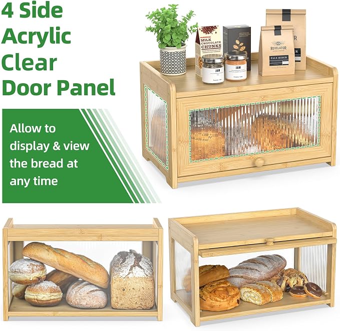 BAMBANG Bamboo Bread Box for Kitchen Countertop, Extra Large Farmhouse Bread Box with 4-Side Clear Panels, Wooden Bread Storage Container for Homemade Bread, Natural