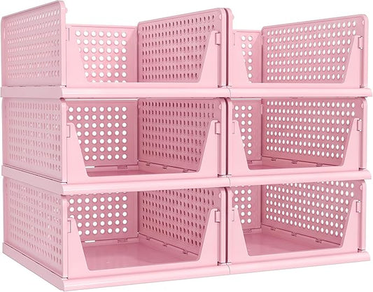 Pink Girl Closet Organizers and Storage Stackable Plastic Drawer Basket for Clothing Stackable Storage Bins Shelf Storage Container for RV Closet Wardrobe Bedroom Bathroom Playroom 6 Pack