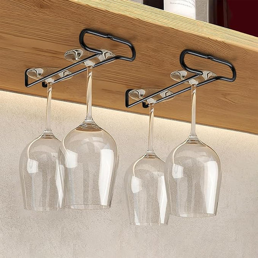 GeLive 7 Inch Wine Glass Rack Under Cabinet Stemware Holder Little Glass Hanger Storage Organizer for Short Space Kitchen and Bar Set of 2 (Black)