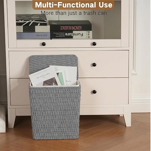 iEGrow Paper Rope Trash Can,Bathroom Trash Can with Lid, 3 Gallon Wicker Waste Basket with Removable Liner, for Bedroom, Living Room, Toilet, Under Sink Gray