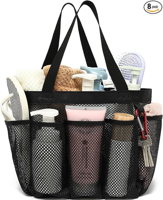 Fammart Mesh Shower Caddy Portable for College Dorm Room Essentials, Odorless Polyester Large Shower Tote Bag with Dual Handles, 8-Pocket Quick-Dry Toiletry Organizer for Travel, Beach, Camping, Gym