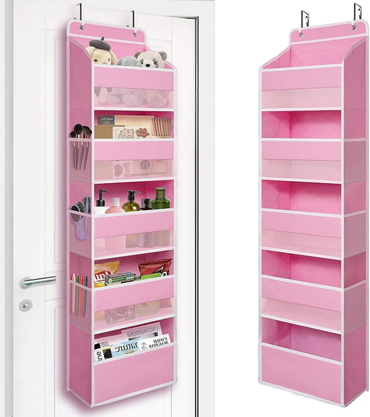 TYMENSH Pink Over Door Organizer with 5 Large Clear Pockets and 6 Side Mesh Pockets, Anti-Tilt Hanging Door Storage for Nursery, Bedroom, Bathroom, Closet, Toys, Baby Essentials