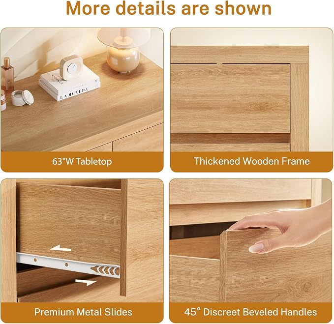 TEENFON 51.6" Tall Dresser for Bedroom with 7 Drawers, Modern Dressers & Chests of Drawers with Metal Handles, Wooden Dresser TV Stand, Bedroom Dressers, for Bedroom, Hallway, Natural