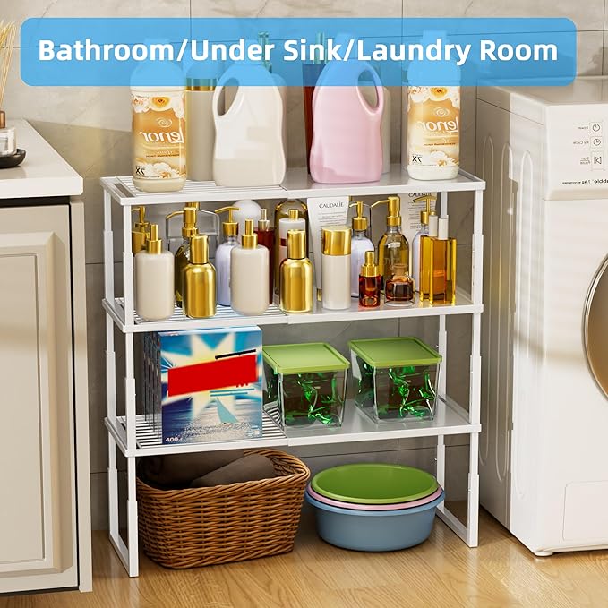 Shelf Organizer Stackable 1 Pack: Expandable (15.8"-25.5") Spice Rack Height Adjustable(6.2"/7.3"/8.5") Kitchen Organizer Countertop Metal Shelves for Pantry Storage White