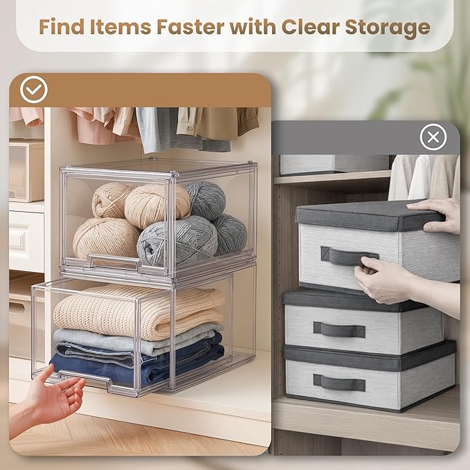 Large Clear Stackable Storage Drawers, 3 Pack Acrylic Organizer Bins for Closet, Bathroom, Kitchen, Pantry, Under Sink, Office, Laundry, Vanity, and Toy Organization, Durable Plastic, Smooth Pull-Out