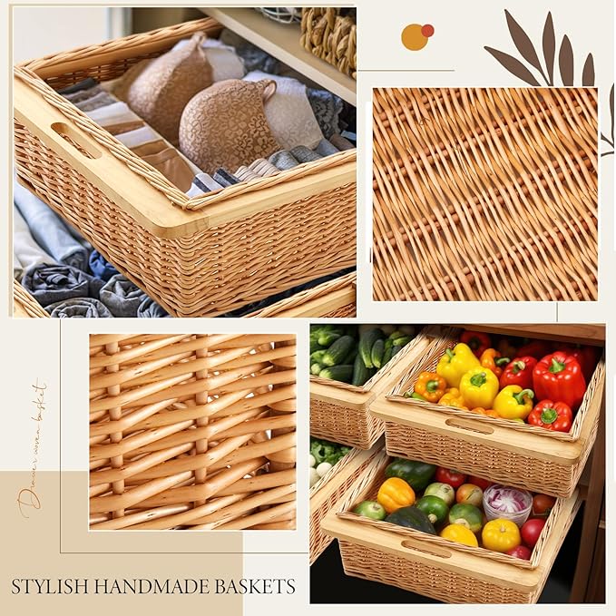 Rustic Wicker Pull out Cabinet Organizer Basket Drawers with Frame and Runners Slide 20" W x 20" l x 8" H for Kitchen Shelf Pantry Storage, Easy DIY Installation