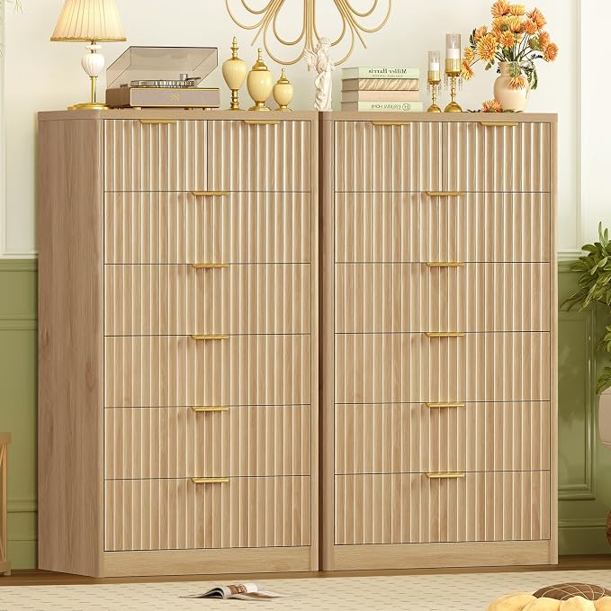 TEENFON 48" Tall Dresser for Bedroom with 7 Drawers, Dressers & Chests of Drawers with Metal Handle, Fluted Dresser, Wood Closet Clothes Storage Organizer for Bedroom, Hallway, Natural
