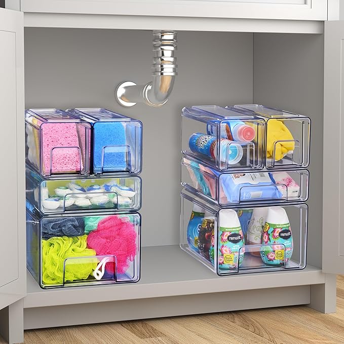 Sorbus 1 Medium & 2 Small Clear Stackable Storage Drawers, Plastic Organizer Bins with Handles, Pull-Out Drawers for Bathroom Closet, Medicine, Cabinet, Pantry Storage, Baby Bottle Organizer