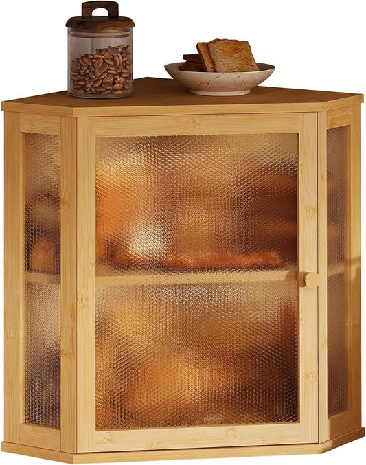 Corner Bread Box for Kitchen Countertop,Bread Storage for Homemade Bread, Double Layer Large Bamboo Kitchen Storage Bin with Window (Natural, Large)