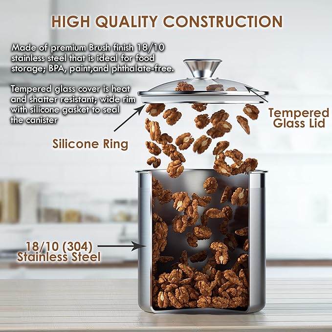 Cooks Standard Classic Stainless Steel Food Jar Storage Canister Set Medium, Airtight Containers with Glass Lid for Tea Coffee Sugar Flour Pantry Kitchen Counter, 4-Piece
