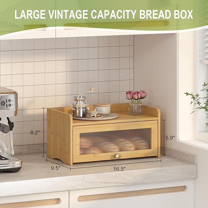 JANSNIMEN Vintage Bread Box for Kitchen Countertop, Bread Container Storage, Wooden Farmhouse Bread Box with Window Bread Holder (Vintage Bamboo)