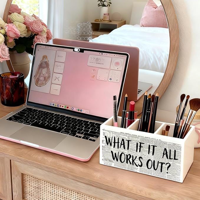 What If It All Works Out Pen Holder, Positive Affirmation Gifts for Women Pencil Holder for Desk, Inspirational Motivational Wooden Box Sign Decorations for Girly Room Dorm Desk Tabletop