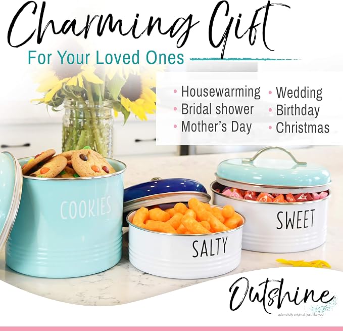 OUTSHINE Rustic Cookie Jar with Airtight Lids|Farmhouse Cookie Jar Antique Set of 2, Blue/Mint|Cookie Time Cookie Jar From Friends|Cookie Jars for Kitchen Counter|Decorative Vintage Snack Storage