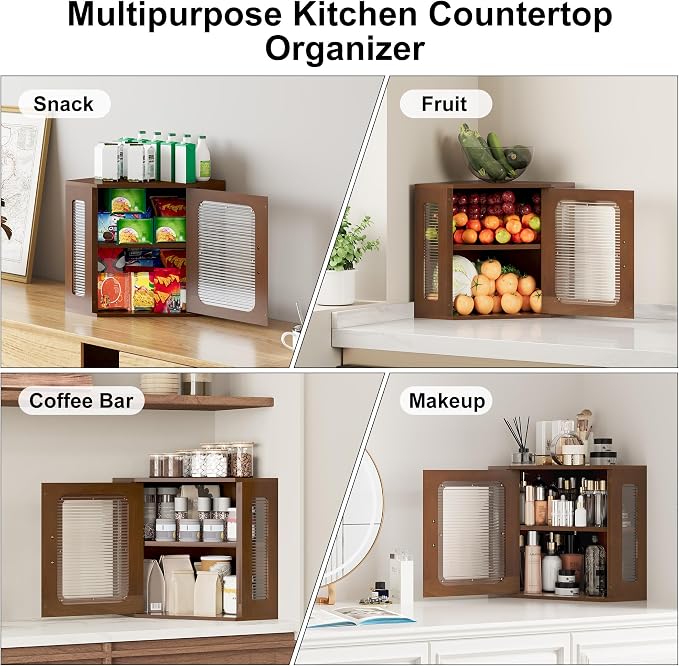 TQVAI Bread Box for Kitchen Countertop Large Corner Bread Loaf Storage Container Double Layer Wooden Bread Boxes Bin Farmhouse Pantry Shelf with Acrylic Window, Retro Brown