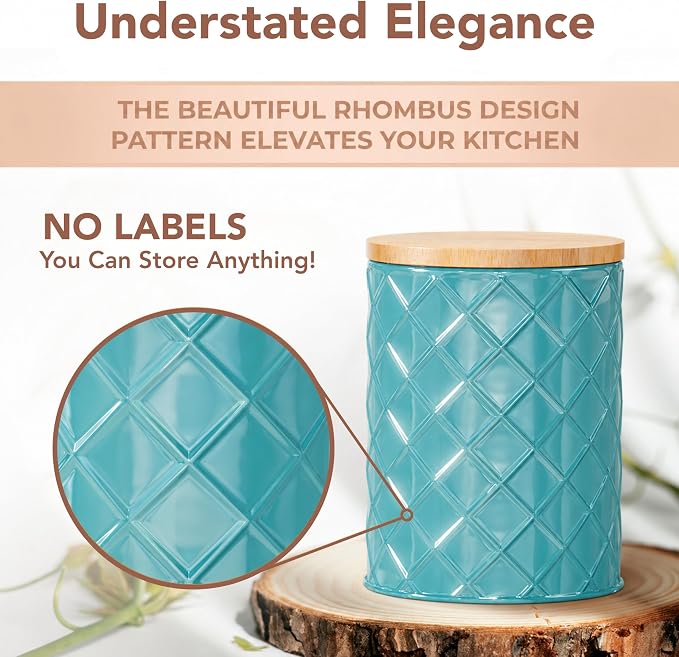 Pebble & Stem® Coastal Teal Metal Canister Set for the Kitchen with Measuring Spoon, Food Canister Set of 4, Airtight Lids, Sugar, Flour Containers, Coffee, Tea Storage, Farmhouse Decor