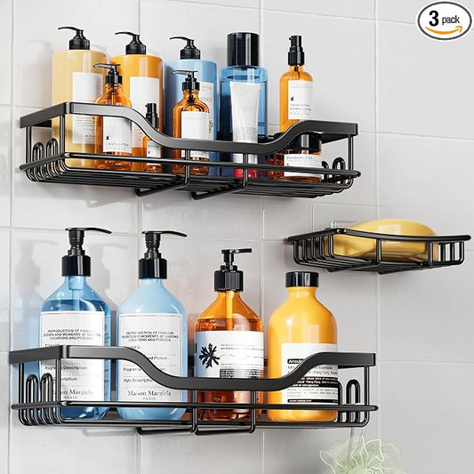 OMAIRA 3-Pack Shower Caddy with Soap Holder, Adhesive Rustproof No-drill Strudy Loading Inside Shower Organizer Shelves Rack Storage Bathroom Organization for Smooth Wall Glass Tile, Black (Large)