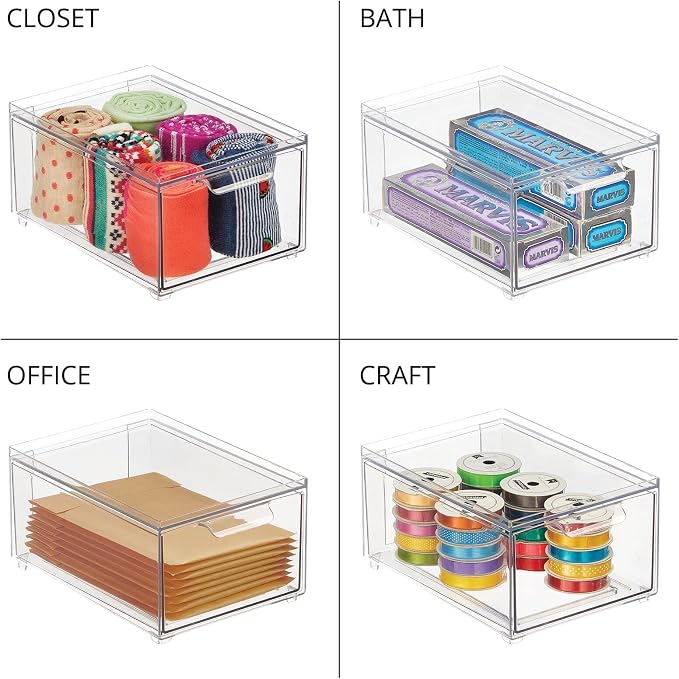 mDesign Stackable Storage Containers Box with Pull-Out Drawer - Stacking Plastic Drawers Bins for Kitchen Pantry and Cupboard, Cabinet, Counter, Island and Tables - Lumiere Collection - 2 Pack - Clear