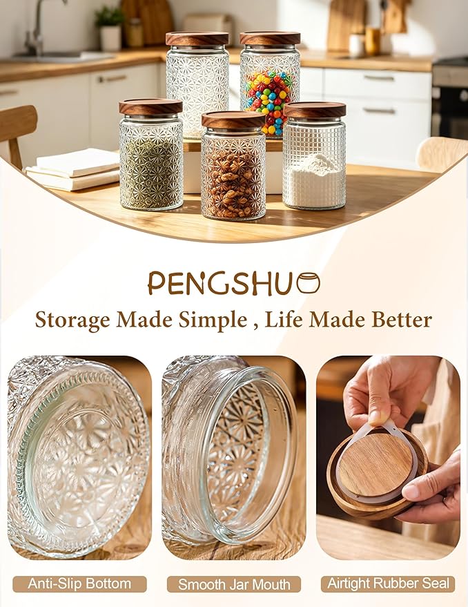 Vintage Glass Jars with Wood Lids - 24 OZ Airtight Storage Container for Kitchen Pantry Bathroom, Decorative Canisters for Coffee Beans, Brown Sugar, Cookie, Candy, Tea Bag, Dog Treat, Flour, Set of 2